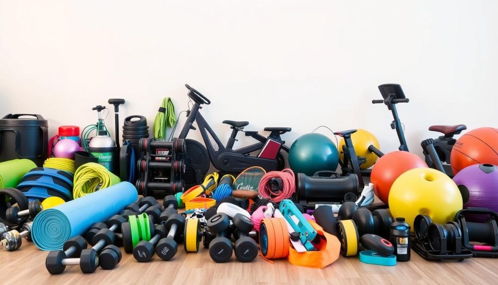 A well-organized display of diverse sports equipment against a clean, minimalist background. In the foreground, an assortment of workout gear such as dumbbells, resistance bands, yoga mats, and exercise balls arranged in a visually appealing manner. The middle ground features larger pieces of equipment like a stationary bike, a treadmill, and a weight bench, all positioned to create a sense of depth and balance. In the background, a simple, neutral-toned wall provides a clean, uncluttered backdrop, allowing the sports equipment to be the focal point. The lighting is soft and diffused, highlighting the textures and colors of the various items. The overall atmosphere conveys a sense of organization, functionality, and inspiration for fitness enthusiasts. A well-organized display of diverse sports equipment against a clean, minimalist background. In the foreground, an assortment of workout gear such as dumbbells, resistance bands, yoga mats, and exercise balls arranged in a visually appealing manner. The middle ground features larger pieces of equipment like a stationary bike, a treadmill, and a weight bench, all positioned to create a sense of depth and balance. In the background, a simple, neutral-toned wall provides a clean, uncluttered backdrop, allowing the sports equipment to be the focal point. The lighting is soft and diffused, highlighting the textures and colors of the various items. The overall atmosphere conveys a sense of organization, functionality, and inspiration for fitness enthusiasts.