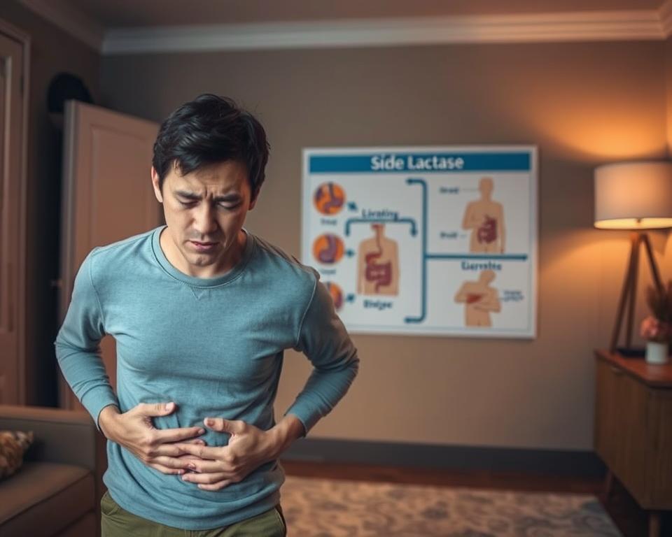 An interior scene depicting the side effects of lactase. In the foreground, a person experiencing gastrointestinal discomfort, clutching their stomach with a pained expression. The middle ground shows various digestive ailments such as bloating, cramps, and diarrhea. In the background, a medical chart illustrates the lactase enzyme breakdown process. Warm, muted lighting casts a somber, educational tone. The scene captures the potential downsides of lactase supplementation in a visually informative manner. An interior scene depicting the side effects of lactase. In the foreground, a person experiencing gastrointestinal discomfort, clutching their stomach with a pained expression. The middle ground shows various digestive ailments such as bloating, cramps, and diarrhea. In the background, a medical chart illustrates the lactase enzyme breakdown process. Warm, muted lighting casts a somber, educational tone. The scene captures the potential downsides of lactase supplementation in a visually informative manner.