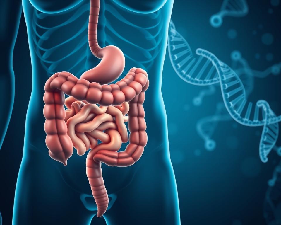 Detailed anatomical diagram depicting the genetic causes of lactose intolerance. Crisp, scientific medical illustration style. Foreground shows the small intestine, highlighting the lactase enzyme production process. Midground showcases human DNA strands and gene expression related to lactase synthesis. Background features a subtle molecular or cellular pattern, conveying the biological mechanisms at work. Cool, muted color palette with blue-green tones. Dramatic, high-contrast lighting casts dramatic shadows, emphasizing the complex inner workings. Precise, technical angle highlighting the key anatomical structures. Serene, contemplative mood inviting deeper understanding of this physiological condition. Detailed anatomical diagram depicting the genetic causes of lactose intolerance. Crisp, scientific medical illustration style. Foreground shows the small intestine, highlighting the lactase enzyme production process. Midground showcases human DNA strands and gene expression related to lactase synthesis. Background features a subtle molecular or cellular pattern, conveying the biological mechanisms at work. Cool, muted color palette with blue-green tones. Dramatic, high-contrast lighting casts dramatic shadows, emphasizing the complex inner workings. Precise, technical angle highlighting the key anatomical structures. Serene, contemplative mood inviting deeper understanding of this physiological condition.