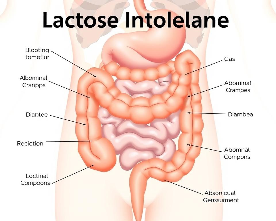 Detailed medical illustration showcasing the key symptoms of lactose intolerance. A clean, clinical composition with a neutral color palette and crisp lighting. A close-up view of the human digestive system, highlighting the intestines, colon and associated areas. Subtle annotations and labeled diagrams depict bloating, gas, abdominal cramps, diarrhea, and other common reactions to lactose consumption. The overall mood is informative and educational, providing a visual guide to understanding this condition. Detailed medical illustration showcasing the key symptoms of lactose intolerance. A clean, clinical composition with a neutral color palette and crisp lighting. A close-up view of the human digestive system, highlighting the intestines, colon and associated areas. Subtle annotations and labeled diagrams depict bloating, gas, abdominal cramps, diarrhea, and other common reactions to lactose consumption. The overall mood is informative and educational, providing a visual guide to understanding this condition.