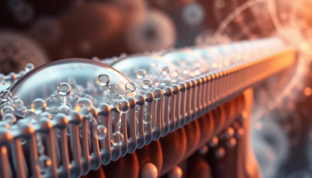 Omega-3 fatty acids and cellular membranes: a detailed, photorealistic illustration. In the foreground, a magnified view of a cellular membrane, with omega-3 molecules embedded within, their long carbon chains interacting with the phospholipid bilayer. The middle ground showcases the dynamic movement of these omega-3s, influencing the fluidity and permeability of the membrane. In the background, a abstract representation of cellular metabolism, with intricate pathways and energy flows. Soft, warm lighting illuminates the scene, emphasizing the vital role of omega-3s in maintaining cellular health and function. Rendered with precise detail, high contrast, and a sense of scientific precision. Omega-3 fatty acids and cellular membranes: a detailed, photorealistic illustration. In the foreground, a magnified view of a cellular membrane, with omega-3 molecules embedded within, their long carbon chains interacting with the phospholipid bilayer. The middle ground showcases the dynamic movement of these omega-3s, influencing the fluidity and permeability of the membrane. In the background, a abstract representation of cellular metabolism, with intricate pathways and energy flows. Soft, warm lighting illuminates the scene, emphasizing the vital role of omega-3s in maintaining cellular health and function. Rendered with precise detail, high contrast, and a sense of scientific precision.