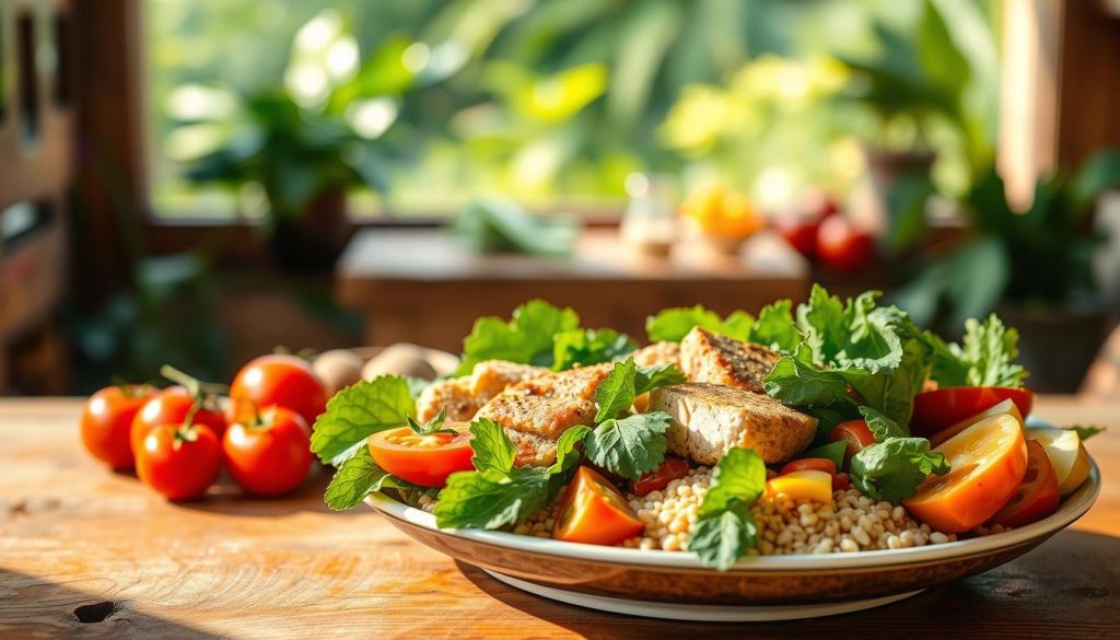 A balanced, wholesome meal set against a warm, natural backdrop. In the foreground, an artfully arranged plate showcases a varied selection of fresh, vibrant ingredients: crisp greens, juicy tomatoes, lean protein, whole grains, and colorful vegetables. Soft, directional lighting illuminates the scene, casting gentle shadows and highlighting the textures and colors. In the middle ground, a wooden table or surface provides a rustic, earthy contrast. The background suggests a serene, sun-dappled outdoor setting, with hints of lush greenery or a modest kitchen interior. The overall atmosphere conveys a sense of nourishment, wellness, and harmony - a visually appetizing representation of a balanced diet to support the body's health and immunity.
