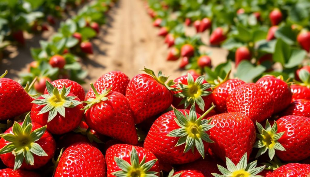 A bright, crisp image of freshly picked strawberries, their ruby-red hues glistening under soft, natural lighting. The strawberries are arranged in an appealing, visually-striking display, showcasing their plump, juicy forms and vibrant green stems. In the background, a lush, verdant field of strawberry plants stretches out, hinting at the bountiful harvest. The composition emphasizes the strawberries' alluring visual appeal, inviting the viewer to appreciate their quality and freshness. The overall mood is one of vibrant, appetizing simplicity, capturing the essence of the "Полезные советы по выбору и приготовлению клубники" section. A bright, crisp image of freshly picked strawberries, their ruby-red hues glistening under soft, natural lighting. The strawberries are arranged in an appealing, visually-striking display, showcasing their plump, juicy forms and vibrant green stems. In the background, a lush, verdant field of strawberry plants stretches out, hinting at the bountiful harvest. The composition emphasizes the strawberries' alluring visual appeal, inviting the viewer to appreciate their quality and freshness. The overall mood is one of vibrant, appetizing simplicity, capturing the essence of the "Полезные советы по выбору и приготовлению клубники" section.