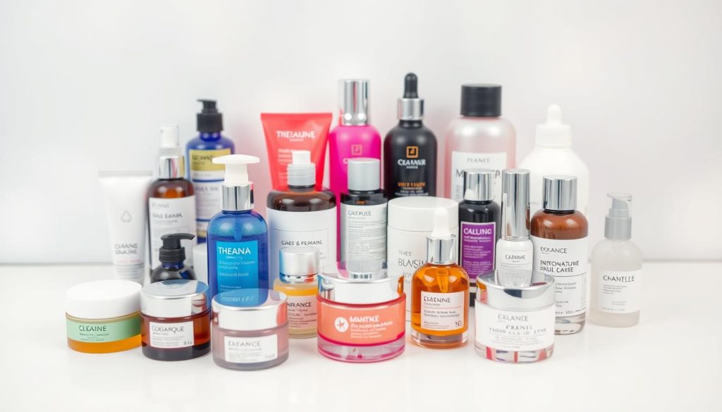 A close-up still-life shot of an assortment of Korean skincare products neatly arranged on a clean white surface. The foreground features a selection of bottles, jars, and tubes in various shapes and sizes, showcasing the diversity of innovative Korean cosmetic formulations. The middle ground highlights the vibrant colors and minimalist packaging designs that characterize Korean beauty brands. In the background, a soft, diffused lighting creates a gentle, calming ambiance that complements the serene, clinical mood of the composition. Every element is precisely positioned to create a harmonious, visually appealing display that highlights the high-quality, science-driven nature of Korean skincare. A close-up still-life shot of an assortment of Korean skincare products neatly arranged on a clean white surface. The foreground features a selection of bottles, jars, and tubes in various shapes and sizes, showcasing the diversity of innovative Korean cosmetic formulations. The middle ground highlights the vibrant colors and minimalist packaging designs that characterize Korean beauty brands. In the background, a soft, diffused lighting creates a gentle, calming ambiance that complements the serene, clinical mood of the composition. Every element is precisely positioned to create a harmonious, visually appealing display that highlights the high-quality, science-driven nature of Korean skincare.