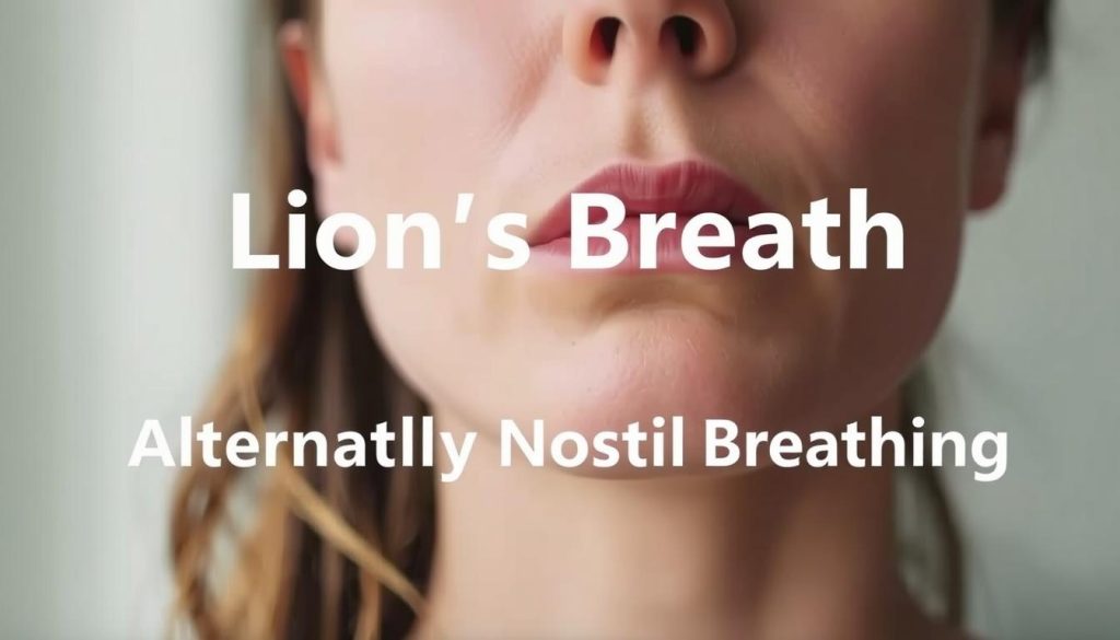 A close-up view of a person performing the "Lion's Breath" and "Alternate Nostril Breathing" techniques. The subject's face is in the foreground, with their nose and mouth visible. The lighting is soft and natural, creating a soothing, serene atmosphere. The background is blurred, allowing the focus to remain on the subject's facial features and breathing process. The image conveys a sense of relaxation, mindfulness, and the therapeutic benefits of these ancient yogic breathing exercises. A close-up view of a person performing the "Lion's Breath" and "Alternate Nostril Breathing" techniques. The subject's face is in the foreground, with their nose and mouth visible. The lighting is soft and natural, creating a soothing, serene atmosphere. The background is blurred, allowing the focus to remain on the subject's facial features and breathing process. The image conveys a sense of relaxation, mindfulness, and the therapeutic benefits of these ancient yogic breathing exercises.