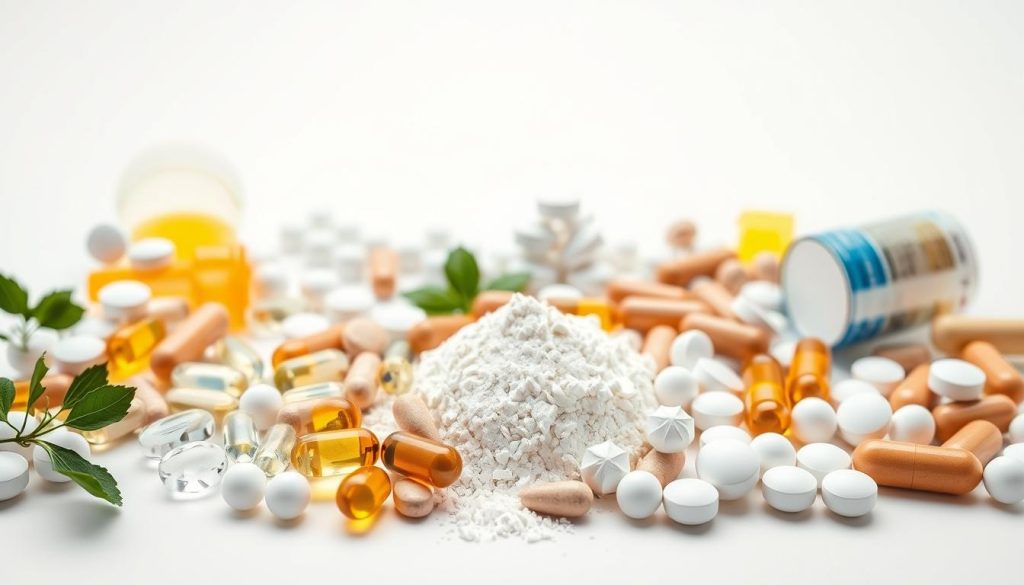 A close-up view of an assortment of dietary supplements for bone and joint health, arranged neatly on a clean, white background. The foreground features softgel capsules, powders, and tablets in various shapes and sizes, suggesting a comprehensive blend of nutrients such as calcium, vitamin D, glucosamine, and chondroitin. The middle ground showcases the supplements in a well-organized and visually appealing manner, with a sense of balance and symmetry. The background is bright and evenly lit, creating a clean, clinical aesthetic that emphasizes the purity and quality of the ingredients. The overall composition conveys a sense of professionalism, efficacy, and attention to detail, reflecting the importance of these supplements for maintaining strong bones and healthy joints.