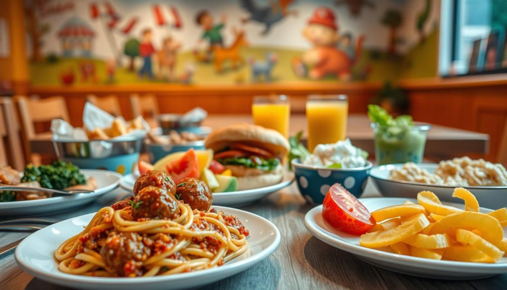 A cozy and inviting children's menu, showcasing a variety of colorful and nutritious dishes. In the foreground, an assortment of kid-friendly meals, such as a plate of spaghetti with meatballs, a grilled chicken sandwich, and a vibrant fruit salad. The middle ground features a selection of sides, including steamed vegetables, mashed potatoes, and a glass of fresh juice. The background is a warm, family-friendly atmosphere, with a playful mural or wall decor that captures the imagination of young diners. The lighting is soft and natural, creating a welcoming ambiance. The overall composition emphasizes the importance of a well-balanced and visually appealing children's menu, encouraging healthy eating habits. Prompt A cozy and inviting children's menu, showcasing a variety of colorful and nutritious dishes. In the foreground, an assortment of kid-friendly meals, such as a plate of spaghetti with meatballs, a grilled chicken sandwich, and a vibrant fruit salad. The middle ground features a selection of sides, including steamed vegetables, mashed potatoes, and a glass of fresh juice. The background is a warm, family-friendly atmosphere, with a playful mural or wall decor that captures the imagination of young diners. The lighting is soft and natural, creating a welcoming ambiance. The overall composition emphasizes the importance of a well-balanced and visually appealing children's menu, encouraging healthy eating habits. Prompt