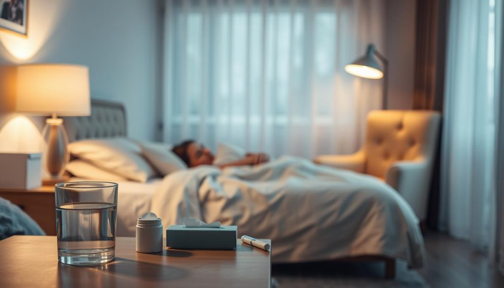 A cozy bedroom scene where a person rests comfortably in bed, surrounded by soft, warm lighting. In the foreground, a nightstand holds a glass of water, tissue box, and thermometer, conveying attentive care. The middle ground features a plush armchair and floor lamp, creating a soothing, relaxing atmosphere. The background includes a window with sheer curtains, letting in gentle natural light. The overall mood is one of tranquility and thoughtful nursing, reflecting the section title "Уход за больным: создание комфортных условий".