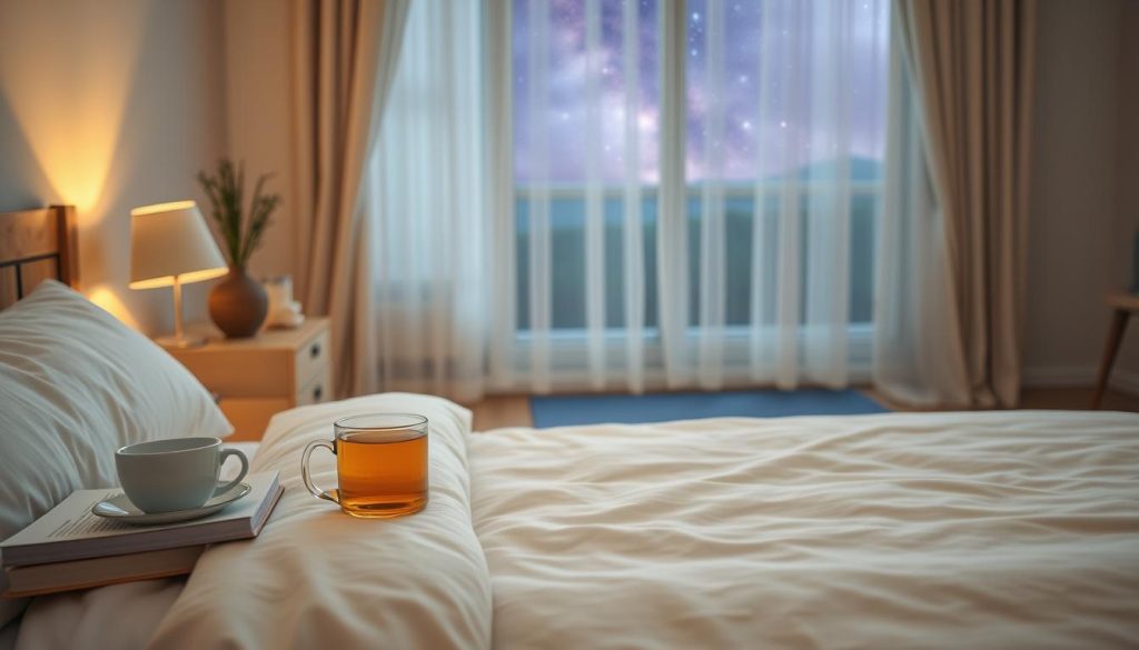 A cozy bedroom scene with soft, warm lighting, showcasing various recommendations for improving sleep quality. In the foreground, a soothing, neutral-colored bed with plush, inviting bedding. On the nightstand, a cup of herbal tea and a book on sleep hygiene. In the middle ground, a diffuser emitting calming essential oils, and a yoga mat on the floor, suggesting relaxation techniques. The background features a window with sheer curtains, allowing in natural light and a view of a peaceful, starry night sky. The overall atmosphere is tranquil, serene, and conducive to restful sleep.
