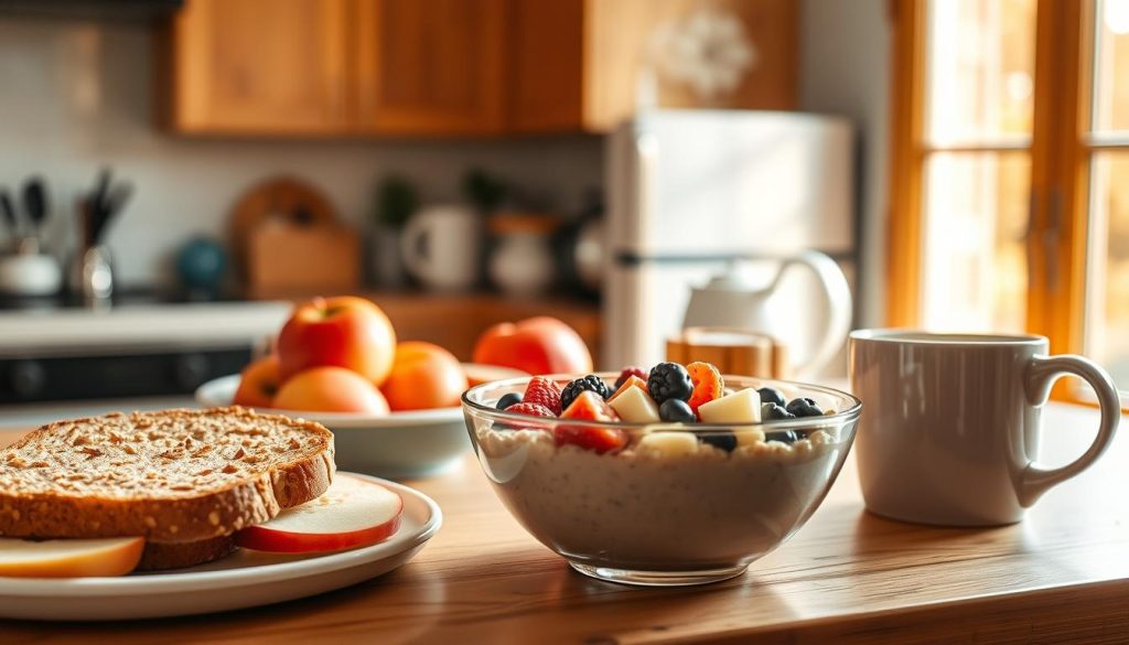A cozy kitchen scene with a spread of healthy breakfast options - freshly baked whole grain toast, crisp sliced apples, a bowl of oatmeal topped with berries, and a steaming mug of coffee, all bathed in warm, natural light filtering through a bright window. The composition is balanced, with the food items arranged neatly yet casually, conveying a sense of simplicity and wholesome goodness. The atmosphere is serene, inviting the viewer to savor the energy-boosting and nourishing qualities of this delightful morning meal.