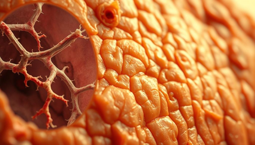 A detailed close-up of human skin, showcasing the effects of glycation and aging. The foreground features microscopic views of collagen fibers and elastin, with visible cross-linking and deformation. The middle ground depicts the epidermis, with uneven pigmentation and diminished skin elasticity. The background suggests an organic, textured environment, hinting at the intricate biological processes at work. Warm, diffused lighting emphasizes the subtle details, while a shallow depth of field isolates the key areas of interest. The overall mood is one of scientific curiosity and introspection, inviting the viewer to explore the complex relationship between sugar metabolism and the visible signs of skin aging. A detailed close-up of human skin, showcasing the effects of glycation and aging. The foreground features microscopic views of collagen fibers and elastin, with visible cross-linking and deformation. The middle ground depicts the epidermis, with uneven pigmentation and diminished skin elasticity. The background suggests an organic, textured environment, hinting at the intricate biological processes at work. Warm, diffused lighting emphasizes the subtle details, while a shallow depth of field isolates the key areas of interest. The overall mood is one of scientific curiosity and introspection, inviting the viewer to explore the complex relationship between sugar metabolism and the visible signs of skin aging.