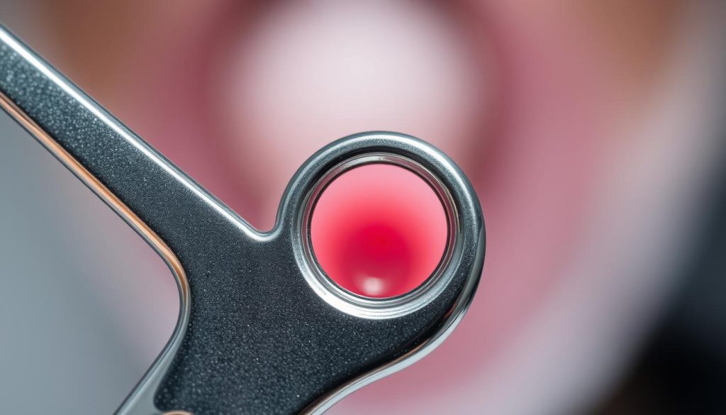 A detailed close-up view of a speculum device used in a Pap test, or "ПАП-тест" in Russian. The metallic speculum is held open, revealing the soft pink cervix in the center. The lighting is bright and clinical, highlighting the smooth, high-quality finish of the medical instrument. The focus is sharp, capturing the intricate textures and reflections on the surface of the speculum. The background is blurred, creating a sense of depth and emphasis on the central subject. The overall tone is one of professionalism and medical precision, conveying the importance of this routine gynecological examination for women's health. A detailed close-up view of a speculum device used in a Pap test, or "ПАП-тест" in Russian. The metallic speculum is held open, revealing the soft pink cervix in the center. The lighting is bright and clinical, highlighting the smooth, high-quality finish of the medical instrument. The focus is sharp, capturing the intricate textures and reflections on the surface of the speculum. The background is blurred, creating a sense of depth and emphasis on the central subject. The overall tone is one of professionalism and medical precision, conveying the importance of this routine gynecological examination for women's health.