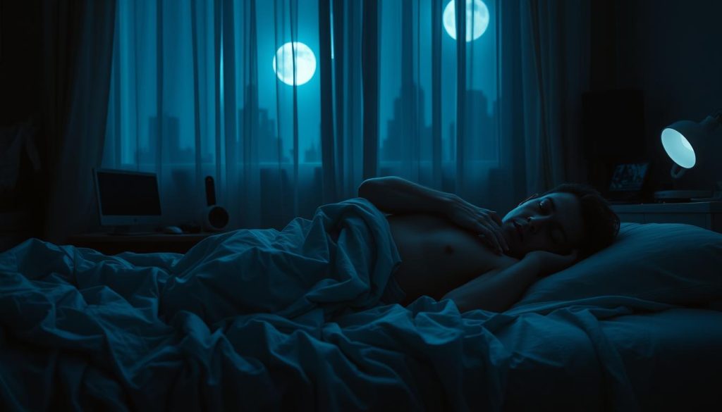 A dimly lit bedroom, soft moonlight filtering through the curtains, casting a serene glow on the sleeping figure tossing and turning, plagued by the restless mind. Tangled sheets and a weary expression convey the struggle with insomnia, the mind racing with anxious thoughts, worries, and unresolved tensions. In the background, hazy silhouettes of modern electronics and a cluttered nightstand suggest the distractions and lifestyle factors that may contribute to the lack of quality sleep. The color palette is muted, with a hint of blues and grays, creating a somber, introspective atmosphere. The overall composition evokes a sense of restlessness and the desperate need for a peaceful, restorative slumber.