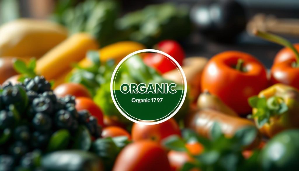 A high-resolution, photorealistic image of a certification seal for organic agricultural products. The seal is prominently displayed in the center, with a soft focus background of fresh organic fruits and vegetables. The edges of the frame are slightly blurred, drawing the viewer's attention to the certification seal. The lighting is soft and even, creating a natural, inviting atmosphere. The color palette is rich and vibrant, showcasing the vibrancy of the organic produce. The overall composition conveys a sense of quality, authenticity, and trust in the organic certification process. A high-resolution, photorealistic image of a certification seal for organic agricultural products. The seal is prominently displayed in the center, with a soft focus background of fresh organic fruits and vegetables. The edges of the frame are slightly blurred, drawing the viewer's attention to the certification seal. The lighting is soft and even, creating a natural, inviting atmosphere. The color palette is rich and vibrant, showcasing the vibrancy of the organic produce. The overall composition conveys a sense of quality, authenticity, and trust in the organic certification process.