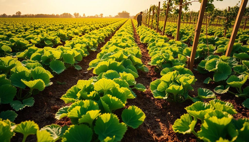 A lush, sun-dappled field where verdant rows of thriving watermelon plants, their large green leaves unfurling, stretch as far as the eye can see. In the foreground, a gardener carefully tends to the soil, gently loosening the earth around the seedlings with a hand trowel, ensuring proper drainage and nutrient absorption. Warm, golden light filters through wispy clouds, casting a serene, inviting glow over the scene. Sturdy wooden trellises stand ready to support the vines as the melons swell and ripen. The overall composition evokes a sense of peaceful productivity, inspiring viewers to venture into their own gardens and follow the expert guidance for a bountiful watermelon harvest. A lush, sun-dappled field where verdant rows of thriving watermelon plants, their large green leaves unfurling, stretch as far as the eye can see. In the foreground, a gardener carefully tends to the soil, gently loosening the earth around the seedlings with a hand trowel, ensuring proper drainage and nutrient absorption. Warm, golden light filters through wispy clouds, casting a serene, inviting glow over the scene. Sturdy wooden trellises stand ready to support the vines as the melons swell and ripen. The overall composition evokes a sense of peaceful productivity, inspiring viewers to venture into their own gardens and follow the expert guidance for a bountiful watermelon harvest.