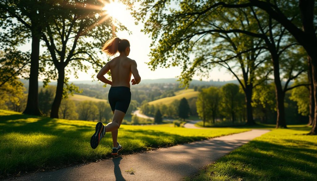 A panoramic scene of a runner jogging through a lush, verdant park. Sunlight filters through the canopy of trees, casting a warm, golden glow. In the foreground, the runner's lean, toned figure moves with purpose, their stride effortless and graceful. The background features rolling hills, a winding path, and the silhouettes of distant buildings, creating a sense of tranquility and escape from the hustle of daily life. The overall atmosphere is one of health, vitality, and the transformative power of regular exercise to promote weight loss and well-being. A panoramic scene of a runner jogging through a lush, verdant park. Sunlight filters through the canopy of trees, casting a warm, golden glow. In the foreground, the runner's lean, toned figure moves with purpose, their stride effortless and graceful. The background features rolling hills, a winding path, and the silhouettes of distant buildings, creating a sense of tranquility and escape from the hustle of daily life. The overall atmosphere is one of health, vitality, and the transformative power of regular exercise to promote weight loss and well-being.