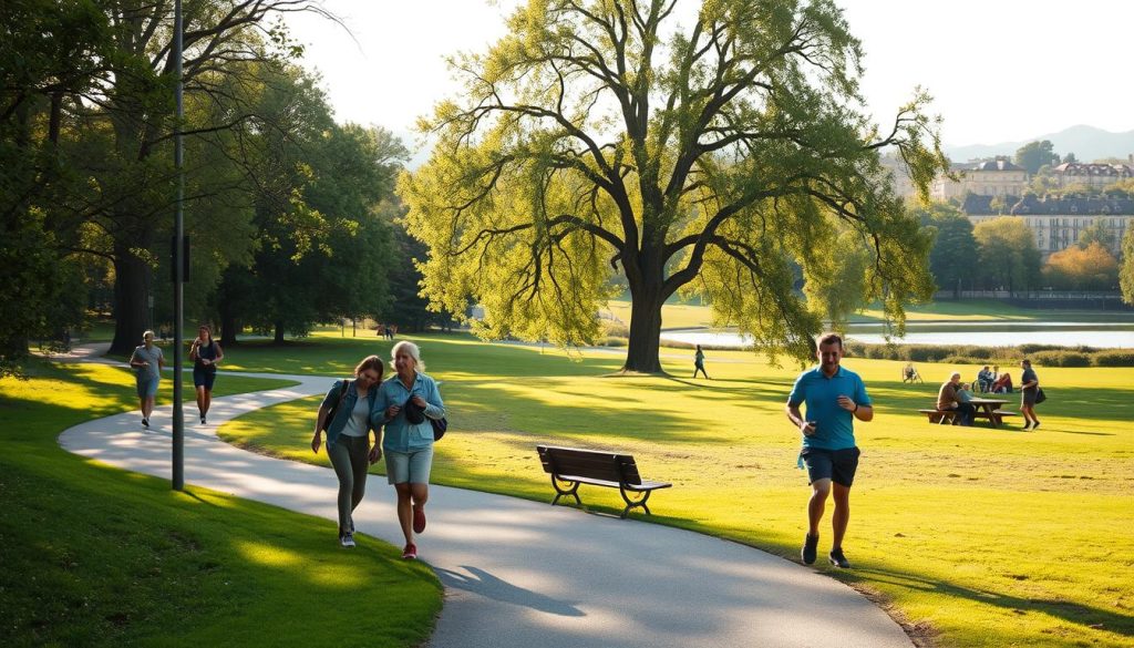 a peaceful, sun-dappled scene of people enjoying outdoor activities in a lush, verdant setting. In the foreground, a group of friends strolling along a winding path, taking in the fresh air and natural surroundings. In the middle ground, a couple sitting on a bench, engaged in relaxed conversation, while a jogger passes by. In the background, a sprawling park with towering trees, a tranquil lake, and families picnicking on the grass. The lighting is soft and warm, casting a golden glow over the entire scene, creating a serene and rejuvenating atmosphere. The overall mood is one of contentment, leisure, and the health benefits of spending time outdoors.