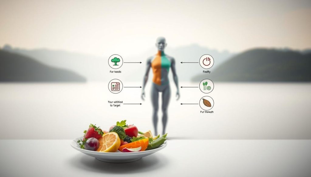 A personalized nutrition plan floats in a serene, minimalist setting. In the foreground, a plate of healthy, colorful ingredients is surrounded by icons representing different dietary needs and preferences. The middle ground features a 3D model of a person's body, with customizable sections highlighting areas to target. In the background, a soft, blurred landscape evokes a sense of natural balance and well-being. The lighting is soft and diffused, creating a calming, introspective atmosphere. The overall composition conveys the idea of a personalized, holistic approach to weight management and healthy living.