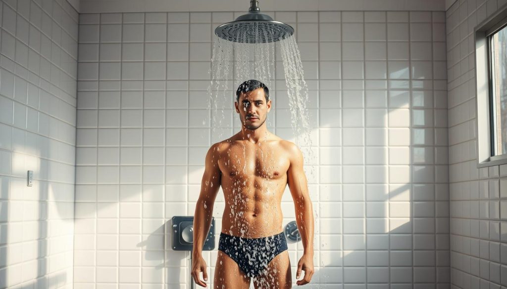 A pristine clinical setting with crisp white tiles, a stylized metal sink, and a towering showerhead positioned at the center. The subject stands upright, bracing themselves as icy water cascades down their body, invigorating and revitalizing their senses. Soft, natural lighting filters in from the side, casting dramatic shadows and highlighting the individual's resolute expression. The atmosphere is one of controlled intensity, with a focus on the methodical process of cold-water immersion for its purported health benefits. The overall scene conveys a sense of discipline, self-improvement, and the mastery of one's physical and mental well-being. A pristine clinical setting with crisp white tiles, a stylized metal sink, and a towering showerhead positioned at the center. The subject stands upright, bracing themselves as icy water cascades down their body, invigorating and revitalizing their senses. Soft, natural lighting filters in from the side, casting dramatic shadows and highlighting the individual's resolute expression. The atmosphere is one of controlled intensity, with a focus on the methodical process of cold-water immersion for its purported health benefits. The overall scene conveys a sense of discipline, self-improvement, and the mastery of one's physical and mental well-being.