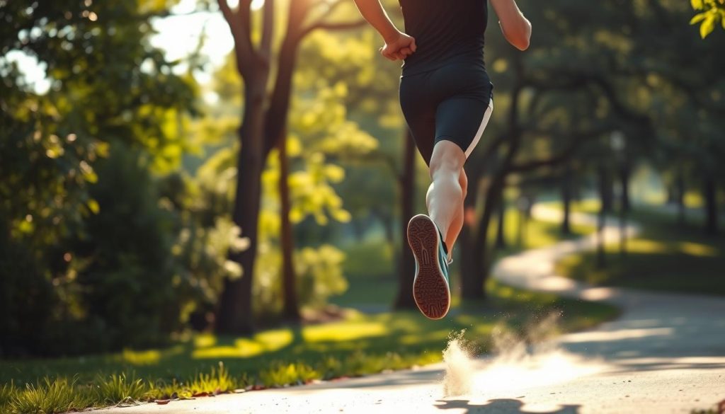 A runner in mid-stride, their body in perfect form, clad in sleek athletic gear. Sunlight filters through the trees, casting a warm glow on the scene. The runner's foot strikes the ground with precision, a subtle cloud of dust kicked up. Their face is focused, muscles engaged, propelling them forward with power and grace. The background is a tranquil park setting, lush greenery and a winding path leading off into the distance. The image conveys the joy and discipline of running, an illustration of the "техника бега" principles. A runner in mid-stride, their body in perfect form, clad in sleek athletic gear. Sunlight filters through the trees, casting a warm glow on the scene. The runner's foot strikes the ground with precision, a subtle cloud of dust kicked up. Their face is focused, muscles engaged, propelling them forward with power and grace. The background is a tranquil park setting, lush greenery and a winding path leading off into the distance. The image conveys the joy and discipline of running, an illustration of the "техника бега" principles.