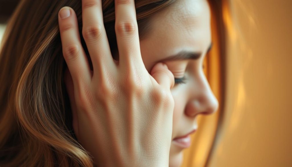 A serene and relaxing close-up of a woman's hand gently massaging her scalp, her fingertips kneading the skin with soothing circular motions. The image is bathed in warm, diffused lighting, creating a soft, calming atmosphere. The woman's hair cascades around her face, hinting at the healthy, lustrous strands that are the result of this nurturing self-care ritual. The background is blurred, placing the focus entirely on the intimate connection between the hands and the scalp, emphasizing the importance of mindful, attentive hair and scalp care. A serene and relaxing close-up of a woman's hand gently massaging her scalp, her fingertips kneading the skin with soothing circular motions. The image is bathed in warm, diffused lighting, creating a soft, calming atmosphere. The woman's hair cascades around her face, hinting at the healthy, lustrous strands that are the result of this nurturing self-care ritual. The background is blurred, placing the focus entirely on the intimate connection between the hands and the scalp, emphasizing the importance of mindful, attentive hair and scalp care.