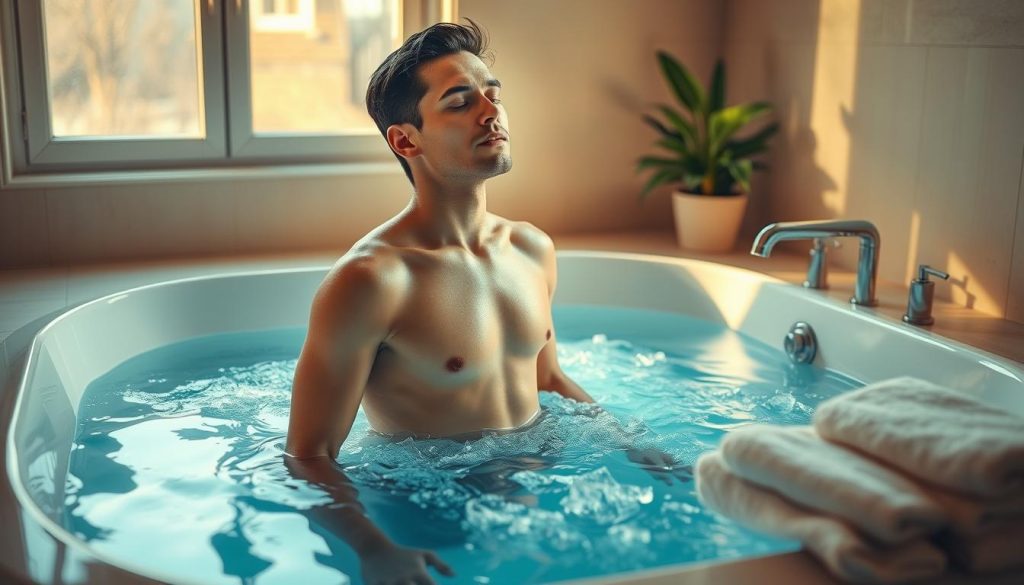 A serene bathroom scene with a person standing in a tub, their body partially submerged in a steady flow of crystal-clear, ice-cold water. Warm, natural lighting filters through a large window, casting a soft, ethereal glow on the skin. The person's expression is one of calm determination, their eyes closed as they focus on the sensations of the cold water invigorating their body and strengthening their immune system. The minimalist, spa-like decor and plush towels nearby evoke a sense of wellness and rejuvenation. A lush, verdant potted plant in the corner adds a touch of natural vitality to the tranquil atmosphere. A serene bathroom scene with a person standing in a tub, their body partially submerged in a steady flow of crystal-clear, ice-cold water. Warm, natural lighting filters through a large window, casting a soft, ethereal glow on the skin. The person's expression is one of calm determination, their eyes closed as they focus on the sensations of the cold water invigorating their body and strengthening their immune system. The minimalist, spa-like decor and plush towels nearby evoke a sense of wellness and rejuvenation. A lush, verdant potted plant in the corner adds a touch of natural vitality to the tranquil atmosphere.