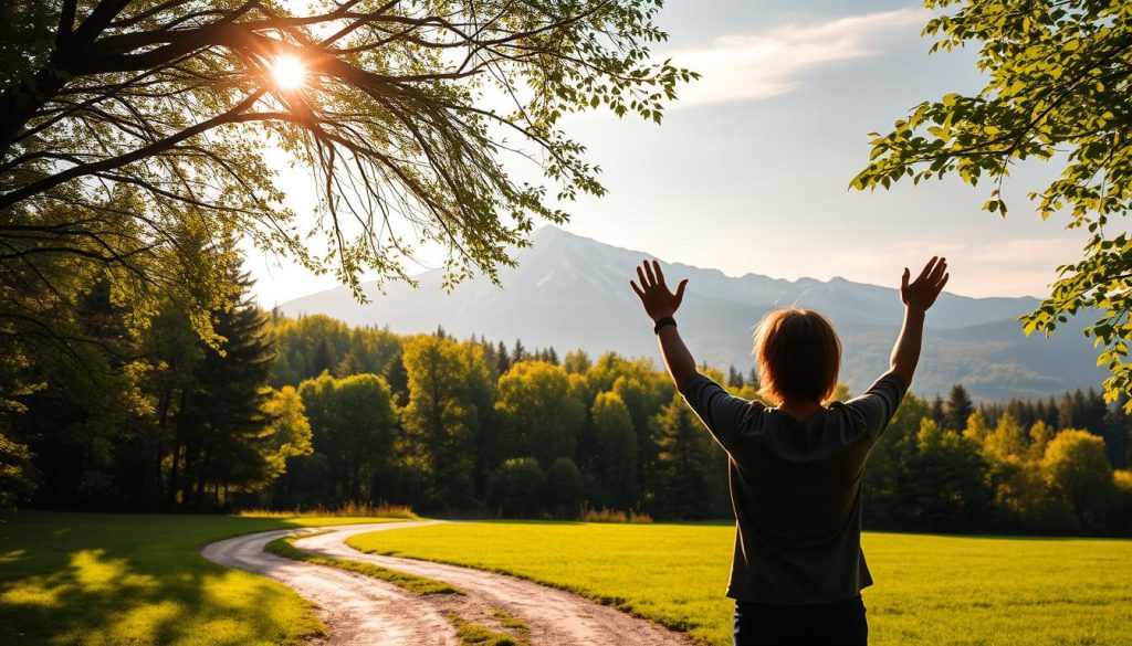 A serene landscape with a winding path leading to a tranquil meadow. In the foreground, a person stands, facing away from the viewer, hands raised in a gesture of letting go. Sunlight filters through the branches of a lush, verdant forest in the middle ground, casting a warm, golden glow. In the background, a majestic mountain range rises, its peaks capped with pristine snow. The overall atmosphere is one of peacefulness, reflection, and a sense of embracing a healthier, more vibrant lifestyle, free from harmful habits.