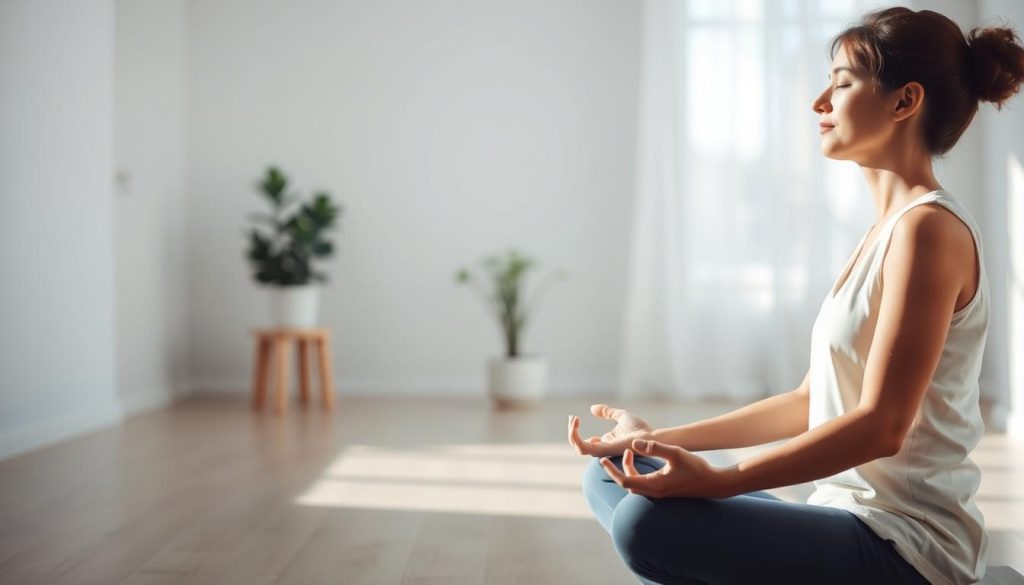 A serene, minimalist scene depicting the concept of "управление эмоциями". In the foreground, a person sits in a meditative pose, their eyes closed, hands resting calmly in their lap. Soft, natural lighting bathes the scene, creating a sense of tranquility. The middle ground features a simple, uncluttered interior - clean lines, neutral tones, and a single potted plant, symbolizing the importance of mindfulness and emotional balance. The background is blurred, suggesting a peaceful, secluded environment that allows for deep introspection. The overall mood is one of introspection, calmness, and emotional self-control. A serene, minimalist scene depicting the concept of "управление эмоциями". In the foreground, a person sits in a meditative pose, their eyes closed, hands resting calmly in their lap. Soft, natural lighting bathes the scene, creating a sense of tranquility. The middle ground features a simple, uncluttered interior - clean lines, neutral tones, and a single potted plant, symbolizing the importance of mindfulness and emotional balance. The background is blurred, suggesting a peaceful, secluded environment that allows for deep introspection. The overall mood is one of introspection, calmness, and emotional self-control.
