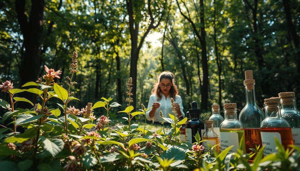 A serene natural setting with a lush forest canopy overhead, dappled sunlight filtering through the leaves. In the foreground, an assortment of vibrant, organically-grown herbs and plants, their leaves and flowers gently swaying. A variety of natural remedies and tinctures are displayed, their glass bottles catching the warm light. In the middle ground, a skilled herbalist carefully examines a specimen, their hands delicate and sure. The overall atmosphere is one of tranquility, harmony, and the restorative power of nature. The scene is captured with a soft, dreamy lens, emphasizing the natural beauty and therapeutic potential of these effective, holistic therapies. A serene natural setting with a lush forest canopy overhead, dappled sunlight filtering through the leaves. In the foreground, an assortment of vibrant, organically-grown herbs and plants, their leaves and flowers gently swaying. A variety of natural remedies and tinctures are displayed, their glass bottles catching the warm light. In the middle ground, a skilled herbalist carefully examines a specimen, their hands delicate and sure. The overall atmosphere is one of tranquility, harmony, and the restorative power of nature. The scene is captured with a soft, dreamy lens, emphasizing the natural beauty and therapeutic potential of these effective, holistic therapies.