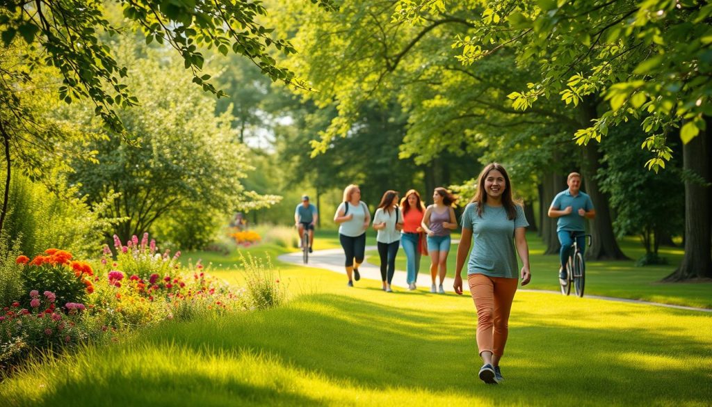 A serene outdoor scene of a family enjoying a peaceful stroll through a lush, verdant park. In the foreground, a young couple walks side by side, taking in the fresh air and natural surroundings. In the middle ground, a group of friends chat animatedly as they meander along a winding path lined with vibrant flowers and trees. In the background, joggers and cyclists pass by, adding to the active yet tranquil atmosphere. Soft, diffused lighting filters through the canopy of leaves, creating a warm, inviting ambiance. The overall composition conveys the benefits of regular, leisurely walks in nature - improved physical health, mental well-being, and mood.