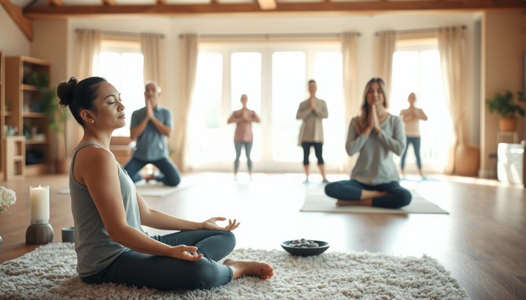 A serene, well-lit indoor setting with a warm, cozy atmosphere. In the foreground, a person sits cross-legged on a plush rug, eyes closed in meditation, hands resting gently on their knees. Behind them, various mindfulness tools are arranged neatly - a small Zen garden, a candle, and a bowl of stones. In the middle ground, several people of diverse ages and backgrounds are engaged in gentle stretching and breathing exercises, their expressions peaceful and focused. In the background, the room is filled with natural light from large windows, casting a soft, diffused glow. The overall mood is one of tranquility, self-reflection, and emotional awareness. A serene, well-lit indoor setting with a warm, cozy atmosphere. In the foreground, a person sits cross-legged on a plush rug, eyes closed in meditation, hands resting gently on their knees. Behind them, various mindfulness tools are arranged neatly - a small Zen garden, a candle, and a bowl of stones. In the middle ground, several people of diverse ages and backgrounds are engaged in gentle stretching and breathing exercises, their expressions peaceful and focused. In the background, the room is filled with natural light from large windows, casting a soft, diffused glow. The overall mood is one of tranquility, self-reflection, and emotional awareness.