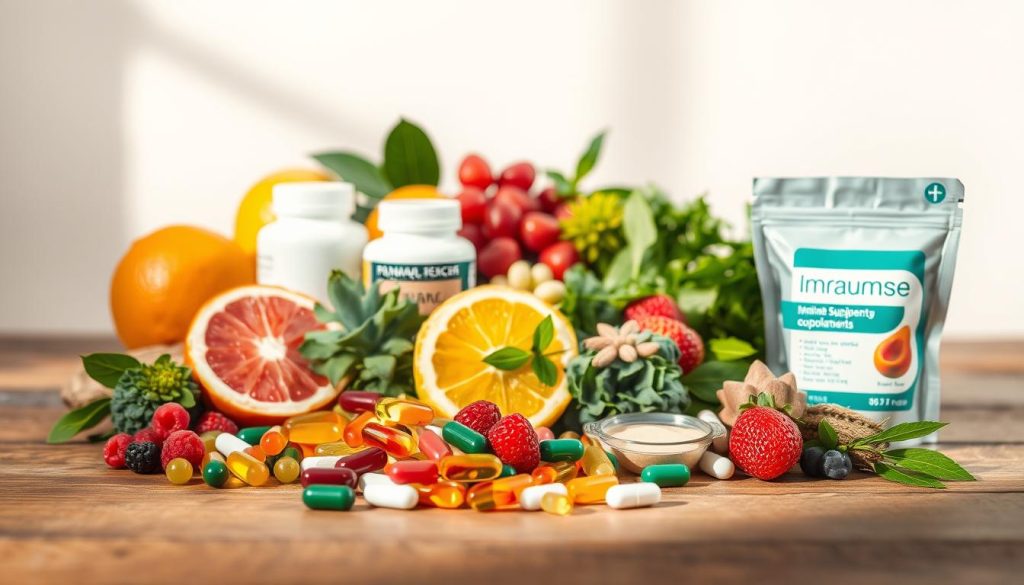 A still life arrangement showcasing a variety of nutritional supplements designed to support the immune system. The foreground features a selection of capsules, tablets, and powder sachets in vibrant colors, arranged artistically on a wooden surface. The middle ground includes fresh fruits and vegetables, such as citrus, berries, and leafy greens, symbolizing the natural sources of immune-boosting nutrients. The background is softly blurred, creating a serene, minimalist atmosphere that emphasizes the simplicity and efficacy of these dietary supplements. Warm, natural lighting casts gentle shadows, highlighting the textures and shapes of the elements. The overall composition conveys a sense of balance, health, and the integration of natural and supplemental approaches to strengthening the immune system.