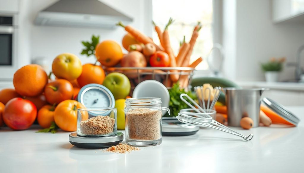 A still life composition depicting the control of sugar consumption. In the foreground, an assortment of whole, unprocessed fruits and vegetables, such as oranges, apples, and carrots, arranged in a visually appealing manner. In the middle ground, various kitchen tools and utensils, including a digital scale, measuring cups, and a glass jar filled with a small amount of brown sugar, symbolizing portion control. The background features a clean, minimalist kitchen setting with natural lighting filtering through a window, creating a calming, serene atmosphere. The overall scene conveys a sense of balance, discipline, and a healthy approach to managing sugar intake. A still life composition depicting the control of sugar consumption. In the foreground, an assortment of whole, unprocessed fruits and vegetables, such as oranges, apples, and carrots, arranged in a visually appealing manner. In the middle ground, various kitchen tools and utensils, including a digital scale, measuring cups, and a glass jar filled with a small amount of brown sugar, symbolizing portion control. The background features a clean, minimalist kitchen setting with natural lighting filtering through a window, creating a calming, serene atmosphere. The overall scene conveys a sense of balance, discipline, and a healthy approach to managing sugar intake.