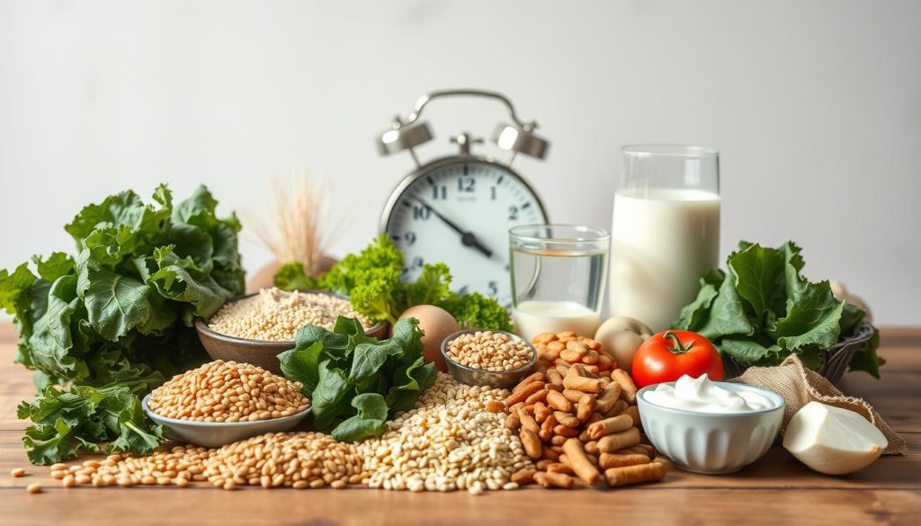 A stylized still life showcasing the key elements of a gastroenterological diet. In the foreground, an assortment of whole grains, leafy greens, and probiotics-rich foods like yogurt and kefir, arranged harmoniously on a wooden table. In the middle ground, a vintage weighing scale and a glass of water, symbolizing the balance and moderation essential to this dietary approach. The background features a soft, muted color palette evoking a sense of calm and wellness. Soft, natural lighting illuminates the scene, conveying a sense of wholesome nourishment. The overall composition and styling suggest a thoughtful, holistic approach to digestive health. A stylized still life showcasing the key elements of a gastroenterological diet. In the foreground, an assortment of whole grains, leafy greens, and probiotics-rich foods like yogurt and kefir, arranged harmoniously on a wooden table. In the middle ground, a vintage weighing scale and a glass of water, symbolizing the balance and moderation essential to this dietary approach. The background features a soft, muted color palette evoking a sense of calm and wellness. Soft, natural lighting illuminates the scene, conveying a sense of wholesome nourishment. The overall composition and styling suggest a thoughtful, holistic approach to digestive health.