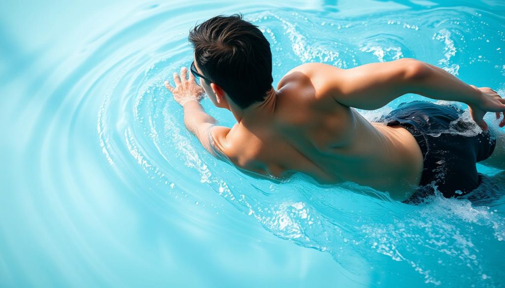 A swimmer gliding through crystal-clear water, ripples cascading around their graceful movements. Powerful back muscles flexing as they propel themselves forward, building strength and endurance. The scene is bathed in soft, diffuse lighting, emphasizing the fluid, almost weightless quality of the swimmer's motions. The background fades into a serene, aquamarine hue, creating a sense of tranquility and focus. The camera angle captures the swimmer's form from the side, highlighting the intricate interplay of muscle groups working in harmony. This image evokes the holistic benefits of swimming for overall physical fitness and well-being. A swimmer gliding through crystal-clear water, ripples cascading around their graceful movements. Powerful back muscles flexing as they propel themselves forward, building strength and endurance. The scene is bathed in soft, diffuse lighting, emphasizing the fluid, almost weightless quality of the swimmer's motions. The background fades into a serene, aquamarine hue, creating a sense of tranquility and focus. The camera angle captures the swimmer's form from the side, highlighting the intricate interplay of muscle groups working in harmony. This image evokes the holistic benefits of swimming for overall physical fitness and well-being.