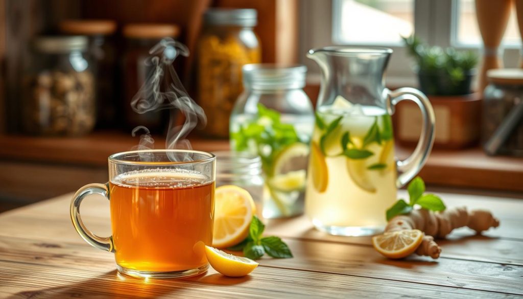 A tranquil kitchen scene with a wooden table showcasing an assortment of drinks and ingredients for boosting immunity. In the foreground, a steaming mug of honey-infused tea, its fragrant steam rising gently. Beside it, a jar of golden, viscous honey and sliced lemon wedges. In the middle ground, a pitcher of chilled honey-ginger infused water, accompanied by sprigs of fresh mint. In the background, jars of dried herbs and spices, hinting at the natural remedies found in this cozy setting. Soft, natural lighting illuminates the scene, creating a warm, inviting atmosphere. The overall mood evokes a sense of wellness and natural healing.