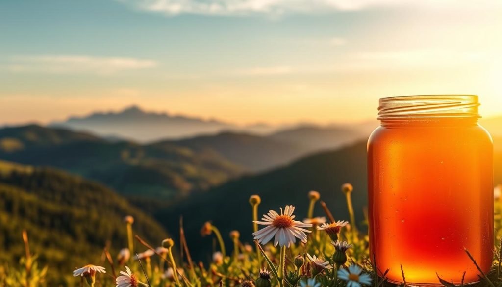 A tranquil mountain landscape in the Carpathians, bathed in warm golden light. In the foreground, a glass jar filled with rich, fragrant mountain honey, its amber hues glistening. The jar is set amidst a scattering of wildflowers, their delicate petals adding pops of color. In the middle ground, rolling hills covered in lush, verdant vegetation, with the distant peaks of the Carpathian mountains silhouetted against a vibrant, cloudless sky. The scene conveys a sense of natural harmony and the restorative power of this exceptional, high-altitude honey.