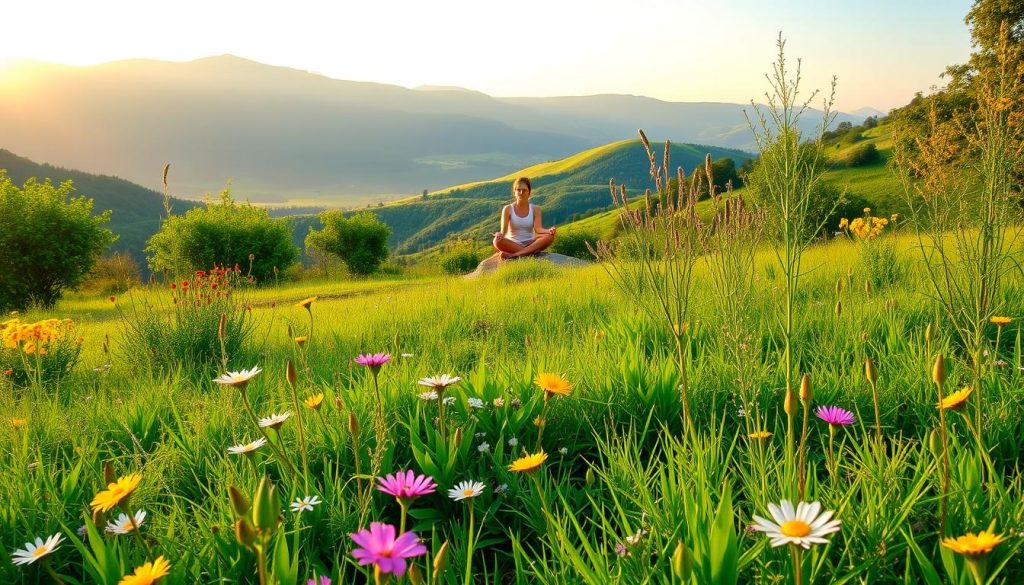 A tranquil outdoor scene featuring a lush, verdant meadow with vibrant wildflowers in the foreground. In the middle ground, a person sitting in a relaxed, meditative pose on a smooth rock, surrounded by an abundance of natural healing herbs and plants. The background showcases a serene, rolling landscape with a distant mountain range bathed in warm, golden sunlight. The overall atmosphere is one of peace, harmony, and the restorative power of natural remedies. A tranquil outdoor scene featuring a lush, verdant meadow with vibrant wildflowers in the foreground. In the middle ground, a person sitting in a relaxed, meditative pose on a smooth rock, surrounded by an abundance of natural healing herbs and plants. The background showcases a serene, rolling landscape with a distant mountain range bathed in warm, golden sunlight. The overall atmosphere is one of peace, harmony, and the restorative power of natural remedies.