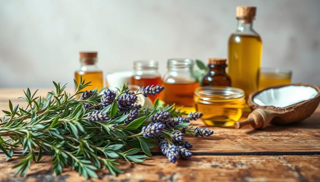 A vibrant and natural still life featuring an array of organic hair care ingredients on a rustic wooden surface. In the foreground, a selection of raw botanicals like rosemary, lavender, and nettle leaves spill across the frame. In the middle ground, glass jars containing pure oils and extracts such as argan, coconut, and castor oil add a sense of depth. The background shows a neutral, softly-lit environment that showcases the purity and simplicity of these natural hair care components. Warm, earthy tones and muted lighting create a tranquil, spa-like atmosphere, highlighting the holistic and nourishing qualities of these ingredients. A vibrant and natural still life featuring an array of organic hair care ingredients on a rustic wooden surface. In the foreground, a selection of raw botanicals like rosemary, lavender, and nettle leaves spill across the frame. In the middle ground, glass jars containing pure oils and extracts such as argan, coconut, and castor oil add a sense of depth. The background shows a neutral, softly-lit environment that showcases the purity and simplicity of these natural hair care components. Warm, earthy tones and muted lighting create a tranquil, spa-like atmosphere, highlighting the holistic and nourishing qualities of these ingredients.