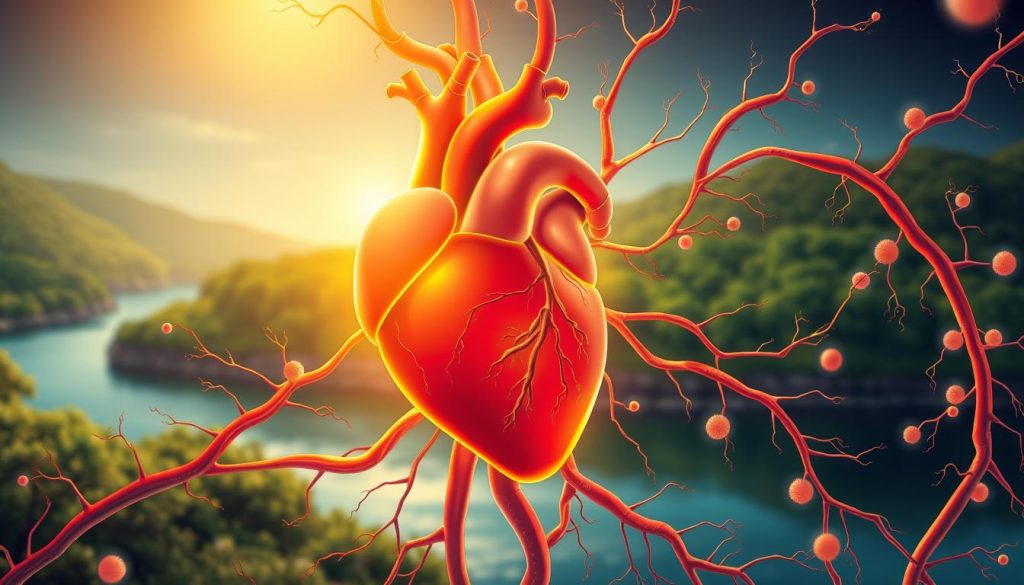 A vibrant, detailed illustration showcasing the cardioprotective effects of omega-3 fatty acids. In the foreground, a stylized human heart glows with a warm, golden aura, symbolizing the nourishing and protective power of omega-3s. In the middle ground, delicate, intricate vascular structures wind through the composition, highlighting the circulatory benefits. The background features a serene, elegant landscape with lush greenery and a tranquil body of water, evoking a sense of balance and harmony. The lighting is soft and diffused, creating an atmosphere of wellness and vitality. Rendered in a vibrant, naturalistic style, this image aims to visually encapsulate the theme of "The Benefits of Regular Omega-3 Consumption for the Cardiovascular System." A vibrant, detailed illustration showcasing the cardioprotective effects of omega-3 fatty acids. In the foreground, a stylized human heart glows with a warm, golden aura, symbolizing the nourishing and protective power of omega-3s. In the middle ground, delicate, intricate vascular structures wind through the composition, highlighting the circulatory benefits. The background features a serene, elegant landscape with lush greenery and a tranquil body of water, evoking a sense of balance and harmony. The lighting is soft and diffused, creating an atmosphere of wellness and vitality. Rendered in a vibrant, naturalistic style, this image aims to visually encapsulate the theme of "The Benefits of Regular Omega-3 Consumption for the Cardiovascular System."