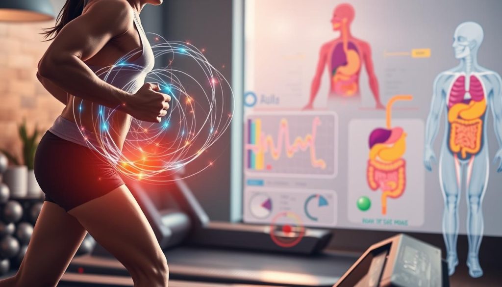 A vibrant scene of a person engaging in vigorous physical activity, with an overlay of metabolic processes visualized. In the foreground, a fit individual runs on a treadmill, their muscles flexing with each stride. Swirling energy patterns around them represent the intricate dance of metabolism, conversion of nutrients into cellular fuel. The middle ground depicts colorful charts and diagrams illustrating the relationship between exercise and improved digestive health, highlighted by warm, natural lighting. In the background, a stylized representation of the human body shows organs functioning optimally, a testament to the holistic benefits of an active lifestyle. The overall atmosphere conveys a sense of vitality, balance, and the powerful synergy between physical activity and robust metabolic function. A vibrant scene of a person engaging in vigorous physical activity, with an overlay of metabolic processes visualized. In the foreground, a fit individual runs on a treadmill, their muscles flexing with each stride. Swirling energy patterns around them represent the intricate dance of metabolism, conversion of nutrients into cellular fuel. The middle ground depicts colorful charts and diagrams illustrating the relationship between exercise and improved digestive health, highlighted by warm, natural lighting. In the background, a stylized representation of the human body shows organs functioning optimally, a testament to the holistic benefits of an active lifestyle. The overall atmosphere conveys a sense of vitality, balance, and the powerful synergy between physical activity and robust metabolic function.