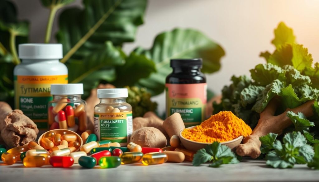 A vibrant still life featuring an assortment of natural supplements for bone and joint health. In the foreground, a variety of colorful capsules, tablets, and soft gels are arranged artfully against a backdrop of lush green leaves and earthy tones. The middle ground showcases various whole food ingredients like ginger root, turmeric, and kale, highlighting the plant-based sources of key vitamins and minerals. Soft, directional lighting casts subtle shadows, creating depth and emphasizing the textures of the natural elements. The overall composition conveys a sense of wellness, vitality, and the holistic approach to supporting strong bones and flexible joints.
