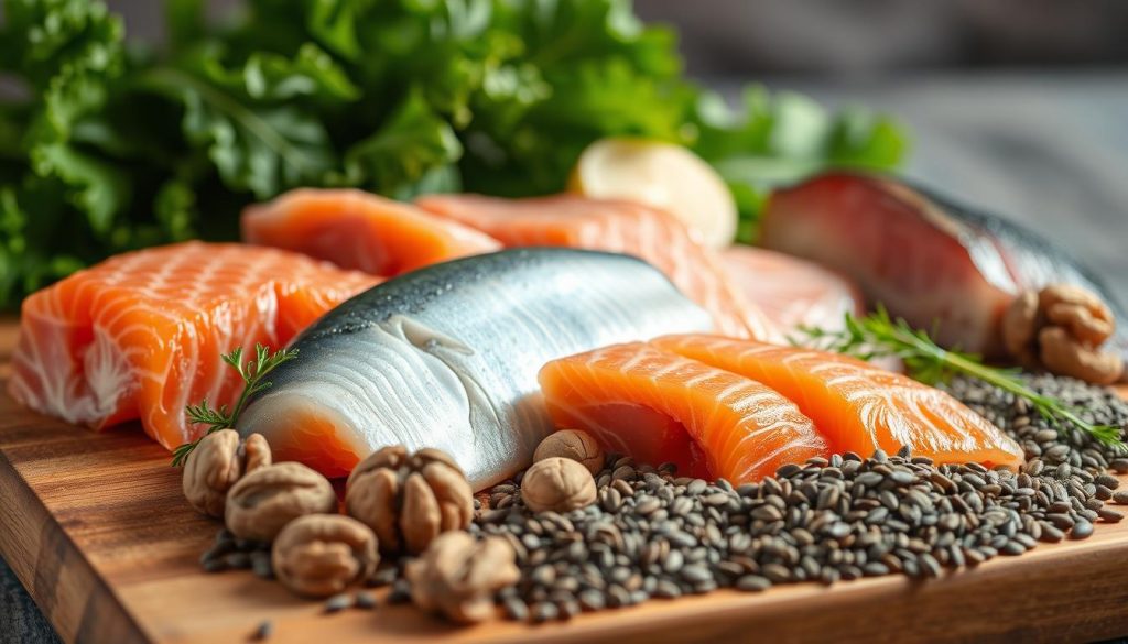 A vibrant still life showcasing an array of natural, nutrient-rich omega-3 sources. In the foreground, an assortment of fresh fish fillets, including salmon, mackerel, and tuna, arranged on a wooden cutting board. In the middle ground, a selection of walnuts, flaxseeds, and chia seeds scattered across the frame, highlighting their omega-3 content. The background features a lush, green leafy arrangement, perhaps kale or spinach, further emphasizing the healthy, natural origins of these essential fatty acids. The lighting is warm and inviting, casting a soft glow over the scene, creating a sense of nourishment and vitality. Captured with a shallow depth of field, the image focuses the viewer's attention on the key omega-3 sources, conveying their importance for heart health and overall well-being. A vibrant still life showcasing an array of natural, nutrient-rich omega-3 sources. In the foreground, an assortment of fresh fish fillets, including salmon, mackerel, and tuna, arranged on a wooden cutting board. In the middle ground, a selection of walnuts, flaxseeds, and chia seeds scattered across the frame, highlighting their omega-3 content. The background features a lush, green leafy arrangement, perhaps kale or spinach, further emphasizing the healthy, natural origins of these essential fatty acids. The lighting is warm and inviting, casting a soft glow over the scene, creating a sense of nourishment and vitality. Captured with a shallow depth of field, the image focuses the viewer's attention on the key omega-3 sources, conveying their importance for heart health and overall well-being.