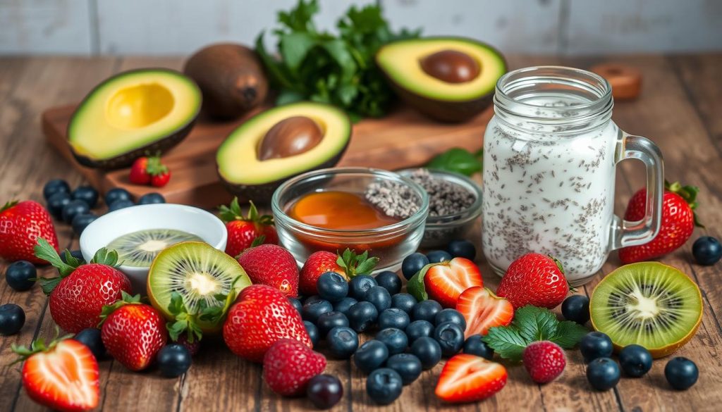 A visually appealing still life featuring a selection of healthy breakfast ingredients arranged on a rustic wooden table. In the foreground, a variety of fresh fruits such as strawberries, blueberries, and sliced kiwi are scattered across the surface. In the middle ground, a glass jar filled with overnight oats, alongside a bowl of Greek yogurt topped with chia seeds and honey. In the background, a wooden cutting board with avocado halves, a freshly sliced lemon, and a bundle of fresh herbs. The lighting is soft and natural, creating a warm, inviting atmosphere. The composition is balanced and visually compelling, highlighting the vibrant colors and textures of the healthy breakfast components.