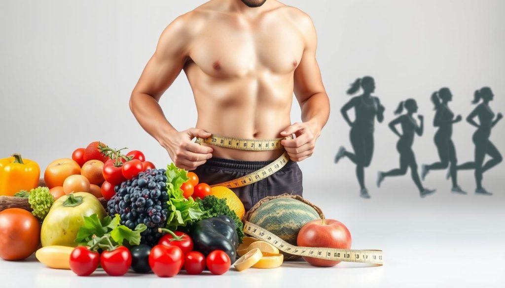 A well-lit, high-resolution image of various effective weight loss methods, including healthy diet, regular exercise, and lifestyle changes. The foreground showcases fresh fruits, vegetables, and a person performing aerobic exercises. The middle ground depicts a person measuring their waist with a tape measure, highlighting the importance of monitoring progress. The background features silhouettes of people engaged in different physical activities like jogging, swimming, and strength training. The scene conveys a sense of determination, balance, and a holistic approach to weight management, with a minimalist and clean aesthetic.