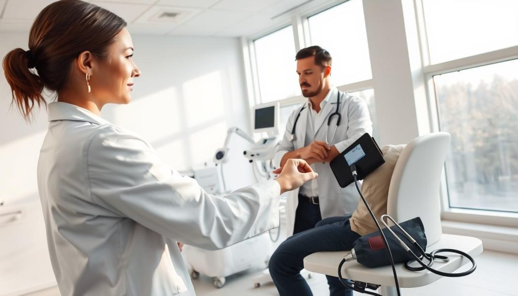 A well-lit medical examination room, with sleek white surfaces and modern medical equipment. In the foreground, a doctor in a crisp white coat performs a thorough physical checkup on a patient, their expression serene and attentive. The middle ground showcases various diagnostic tools, from stethoscopes to blood pressure cuffs, neatly arranged on a side table. In the background, large windows fill the space with natural light, creating a calming, professional atmosphere. The scene conveys the importance of regular health checkups, emphasizing the doctor-patient relationship and the advanced, yet approachable, nature of modern healthcare.