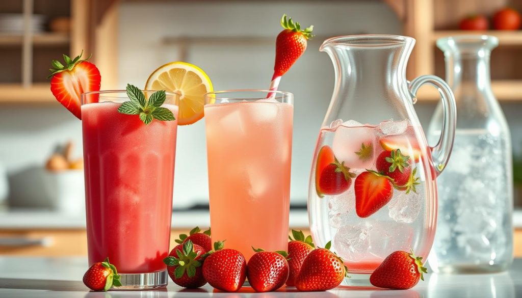 Crisp, refreshing strawberry beverages set against a bright, airy kitchen backdrop. Tall glasses filled with vibrant pink smoothies, garnished with fresh strawberry slices and mint leaves. A classic strawberry lemonade, its vivid hue complemented by delicate bubbles and a lemon wedge. Icy strawberry-infused water, its refreshing essence captured in a sparkling carafe. Soft, natural lighting casts a warm glow, heightening the appetizing appeal. The scene evokes a sense of summer, with the strawberry's sweet-tart notes promising a delightful, rejuvenating sip. Crisp, refreshing strawberry beverages set against a bright, airy kitchen backdrop. Tall glasses filled with vibrant pink smoothies, garnished with fresh strawberry slices and mint leaves. A classic strawberry lemonade, its vivid hue complemented by delicate bubbles and a lemon wedge. Icy strawberry-infused water, its refreshing essence captured in a sparkling carafe. Soft, natural lighting casts a warm glow, heightening the appetizing appeal. The scene evokes a sense of summer, with the strawberry's sweet-tart notes promising a delightful, rejuvenating sip.