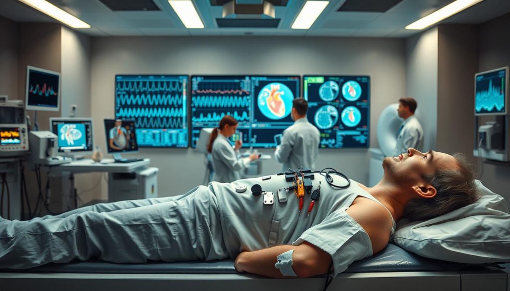 Detailed medical diagnostic scene depicting modern cardiac monitoring equipment. In the foreground, a patient reclines on an examination table, various sensors and electrodes attached to their chest. A large, high-resolution display in the middle ground shows real-time ECG readings, vital signs, and other diagnostic data. In the background, a team of medical professionals attentively monitors the patient's condition using advanced imaging technology such as echocardiography and MRI. Bright, clinical lighting casts a sense of technological precision, while a muted color palette evokes a calm, professional atmosphere. The composition emphasizes the cutting-edge nature of contemporary cardiovascular diagnostics.