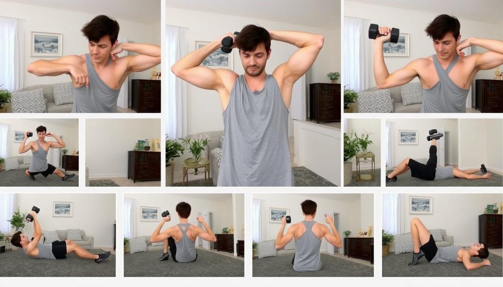 Person demonstrating exercise variations for Thursday Arms and Shoulders Workout