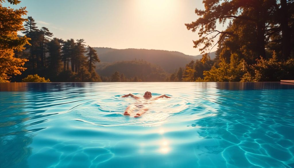 Serene swimming pool surrounded by lush greenery, bathed in warm, golden afternoon light. A lone swimmer effortlessly glides through the crystalline water, their movements fluid and graceful, exuding a sense of tranquility and relaxation. The pool's surface gently ripples, reflecting the soothing ambiance. In the background, a tranquil forest landscape with towering trees and a clear blue sky, conveying a calming, nature-driven atmosphere. The overall scene evokes a profound anti-stress effect, a peaceful oasis where the mind and body can find respite from the stresses of daily life. Serene swimming pool surrounded by lush greenery, bathed in warm, golden afternoon light. A lone swimmer effortlessly glides through the crystalline water, their movements fluid and graceful, exuding a sense of tranquility and relaxation. The pool's surface gently ripples, reflecting the soothing ambiance. In the background, a tranquil forest landscape with towering trees and a clear blue sky, conveying a calming, nature-driven atmosphere. The overall scene evokes a profound anti-stress effect, a peaceful oasis where the mind and body can find respite from the stresses of daily life.